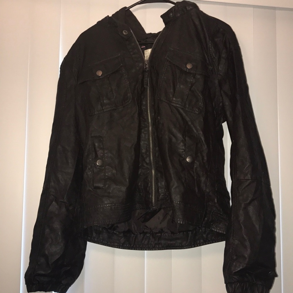 Leather jacket with a hood